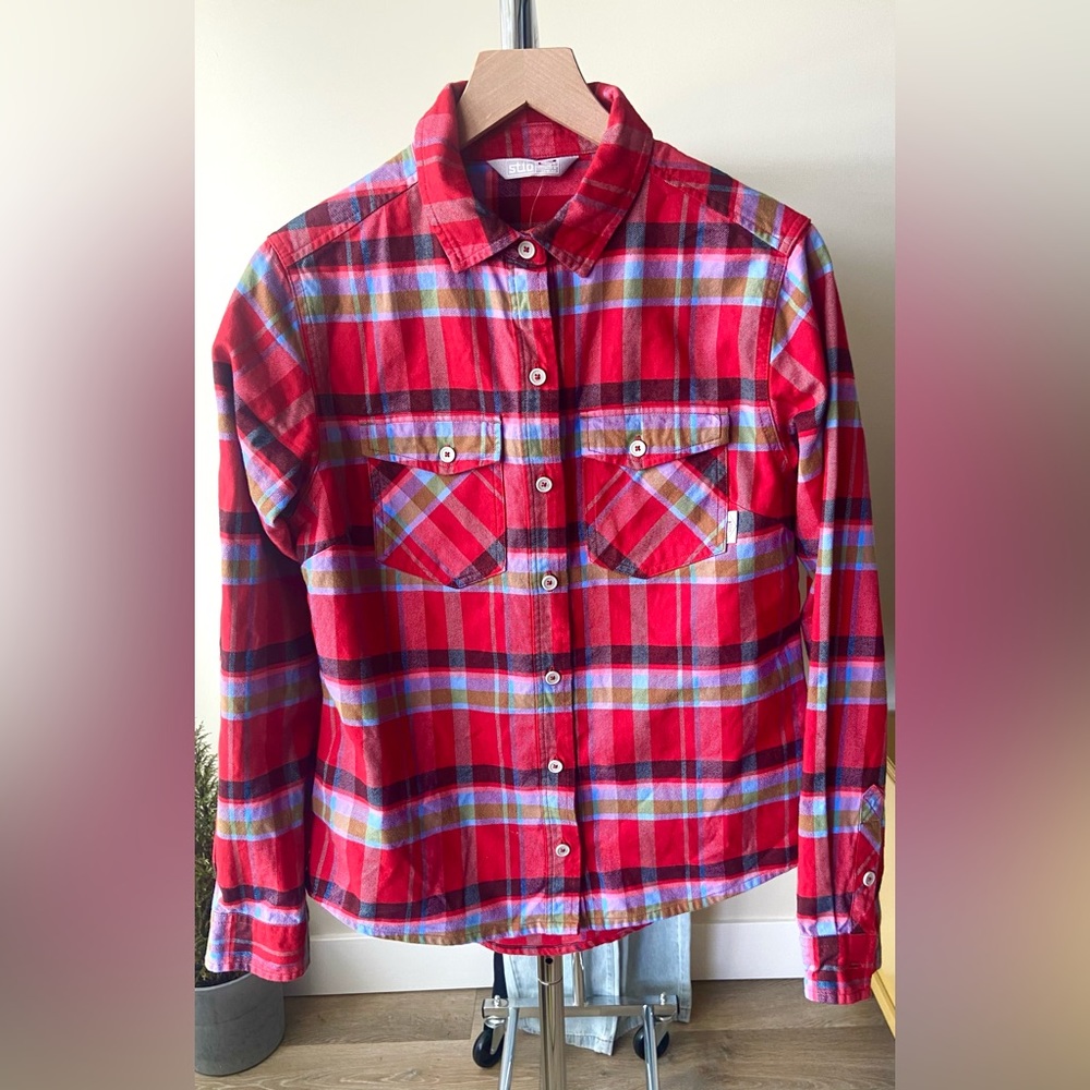 STIO Women’s Willow Midweight Plaid 100% Organic Cotton Flannel Shirt Red M 🔖